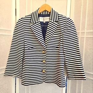 TRINA TURK white blue striped blazer gold buttons